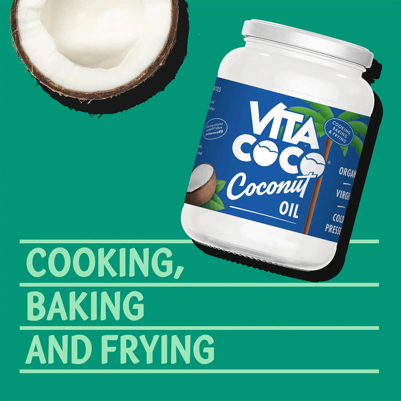 Vita Coco coconut oil being poured in a pan, enriching dishes with tropical aroma.