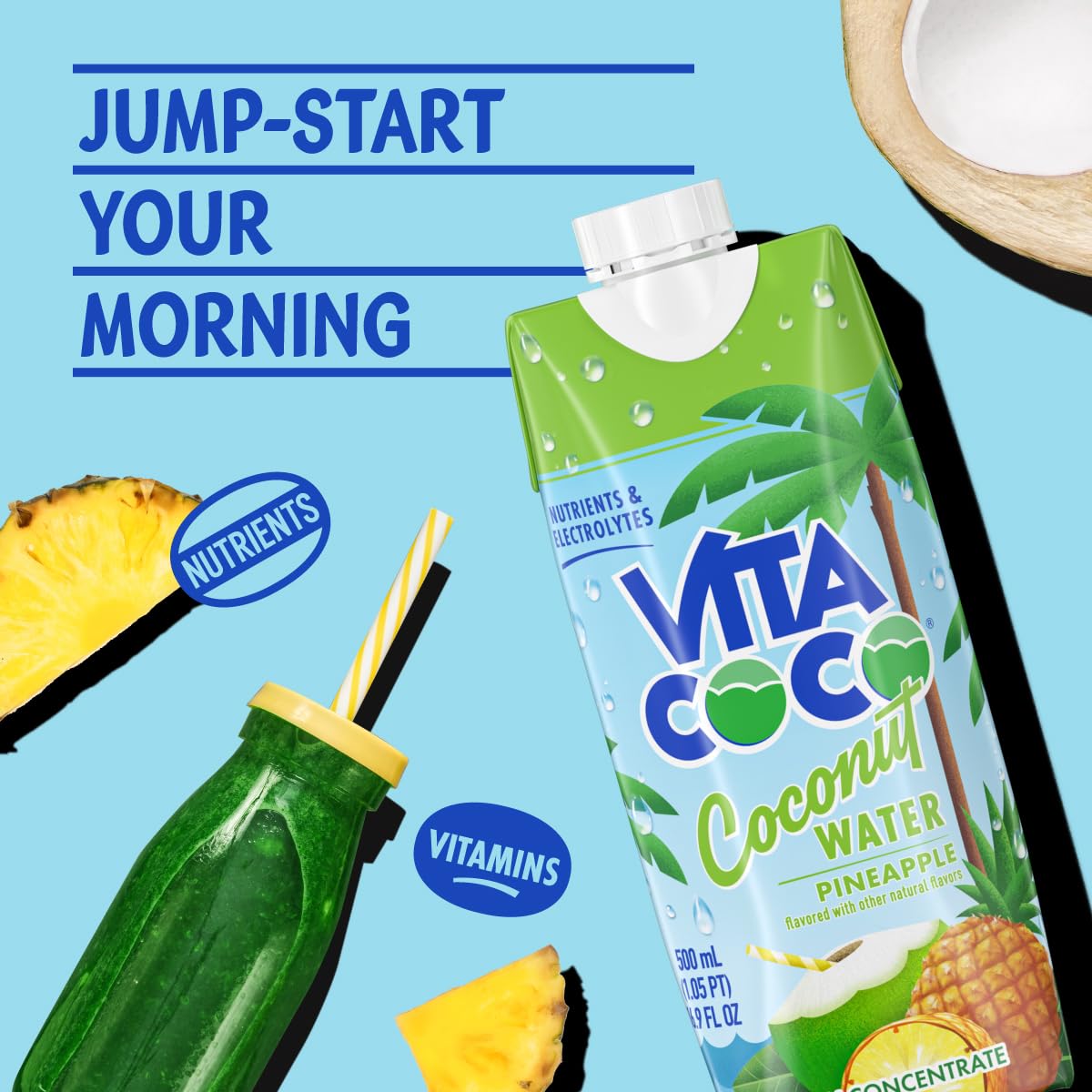 Vita Coco coconut water close-up — natural electrolytes support daily hydration.