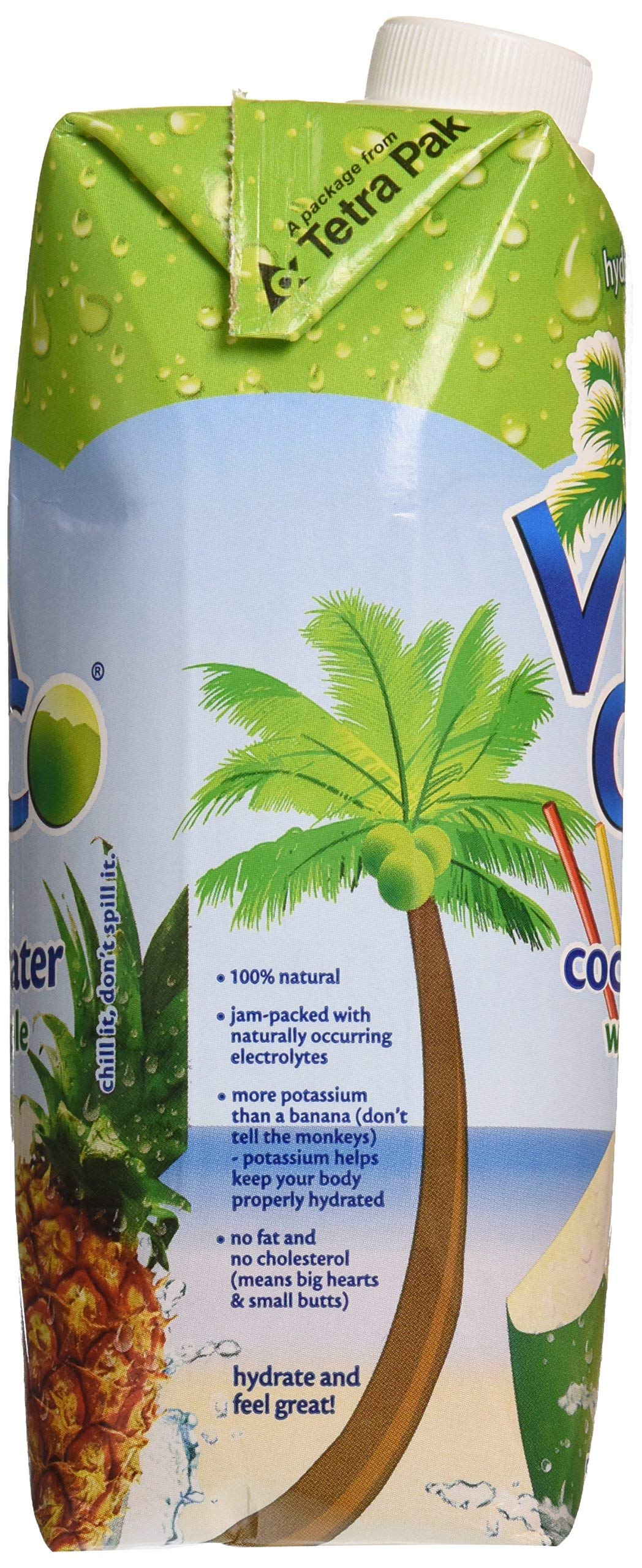 Close-up of Vita Coco Pineapple Coconut Water label highlighting premium ingredients