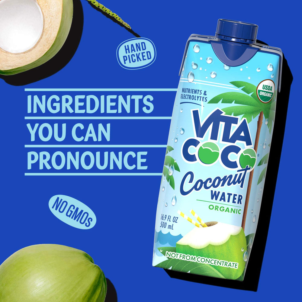 Vita Coco bottle label shows electrolytes and calories.