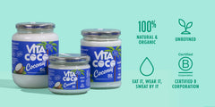Vita Coco organic coconut oil label close-up, highlighting extra virgin quality for cooking.