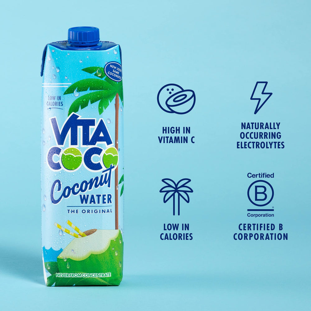 Vita Coco bottle splash illustrating refreshing, tropical hydration.