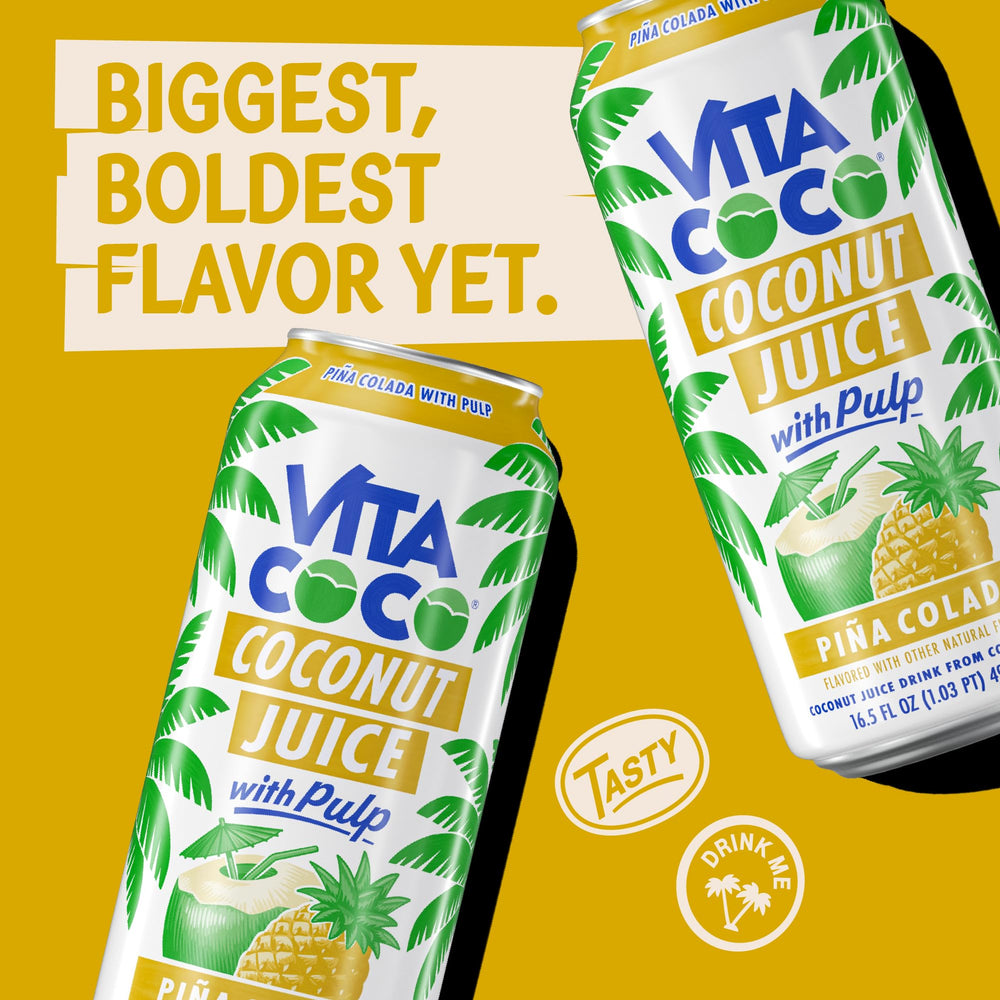 Vita Coco Pina Colada Juice closeup sip captures creamy coconut sweetness.
