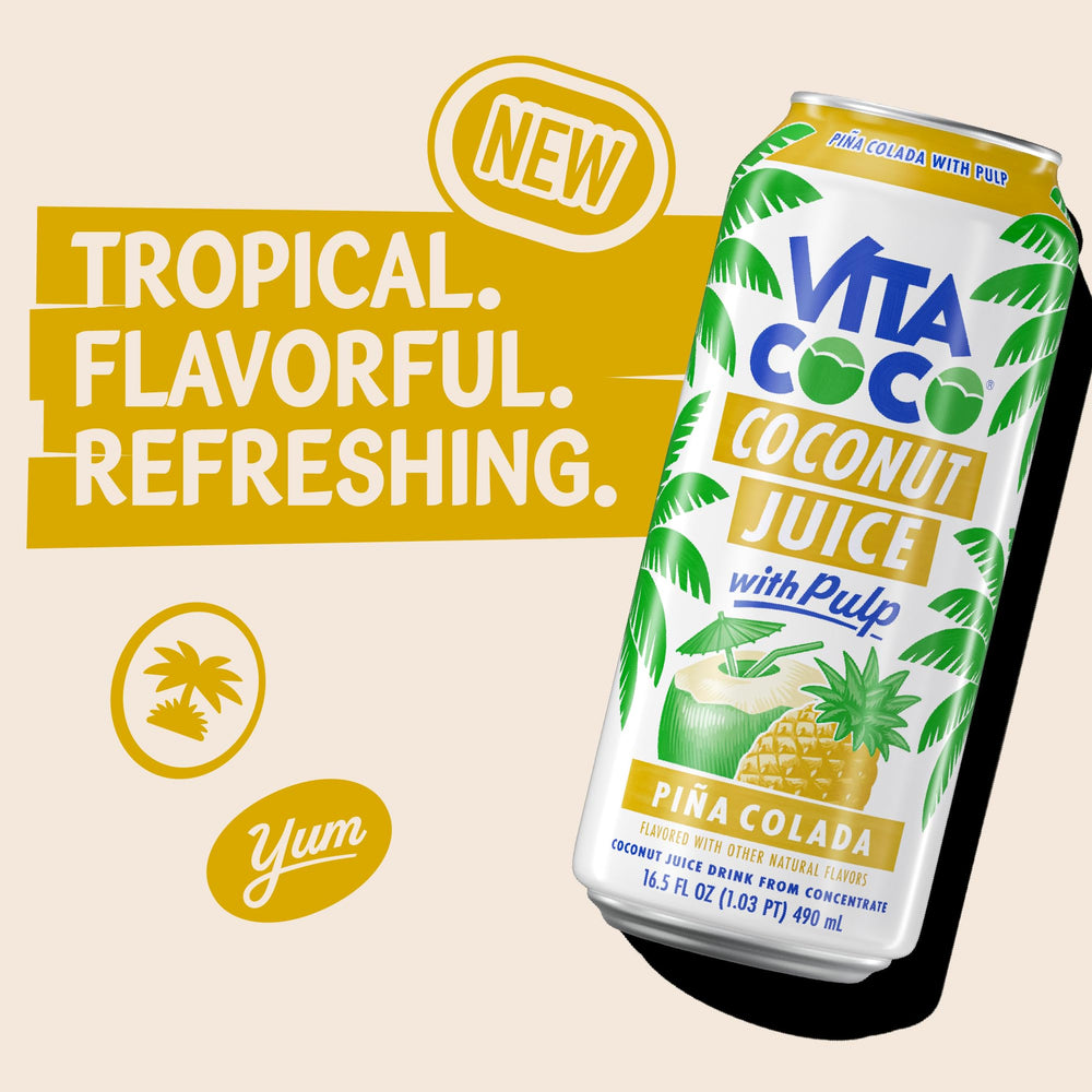 Vita Coco Pina Colada Juice glass ready to enjoy a cool tropical sip.