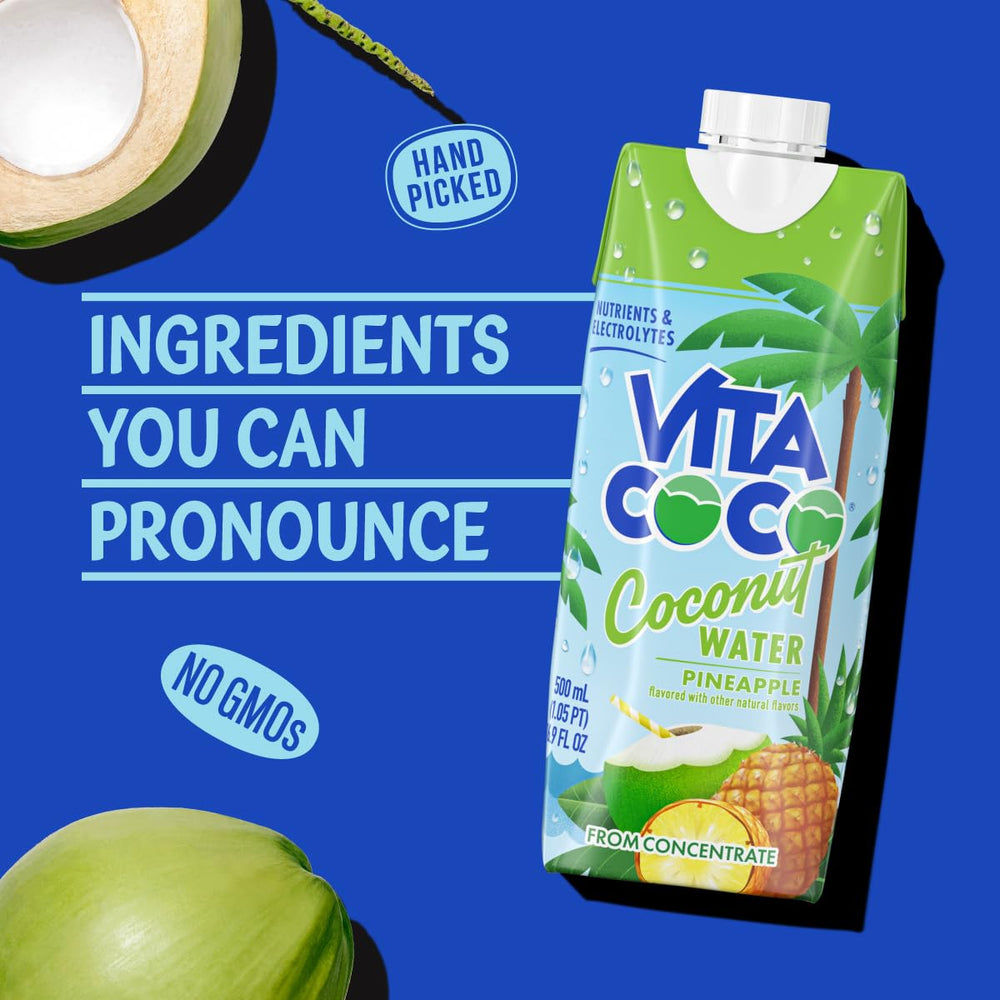 Vita Coco pineapple coconut water poured into glass — tropical aroma inviting flavor.