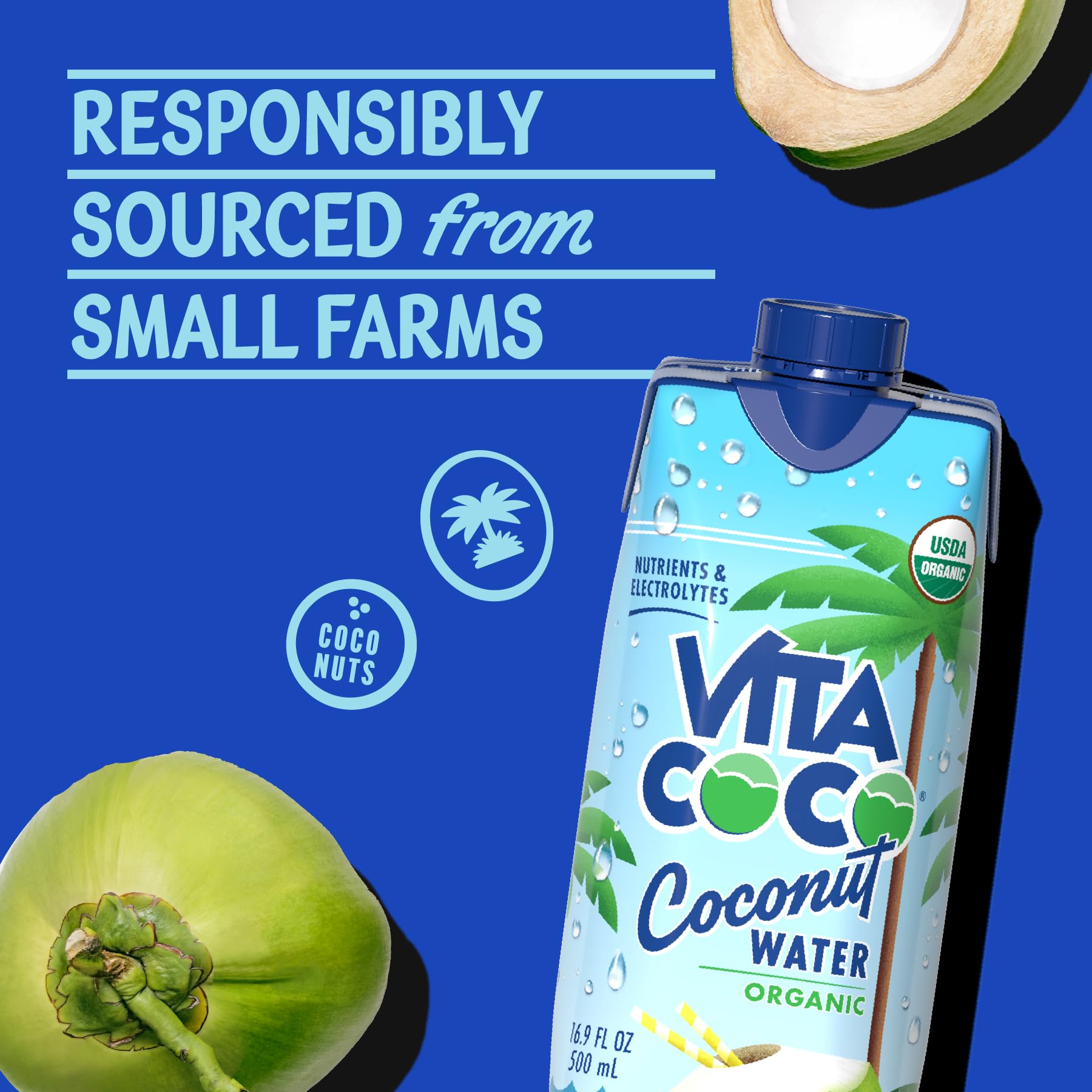 Vita Coco label close-up; natural ingredients and tropical vibe.