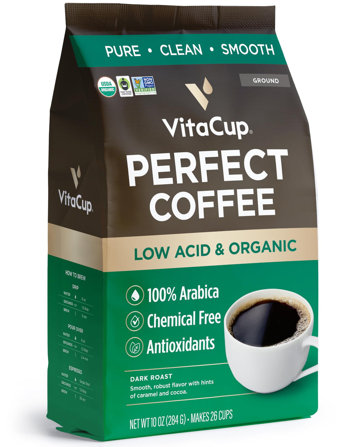 VitaCup Perfect Low Acid Ground Guatemala Bag ready for a pure, balanced cup.