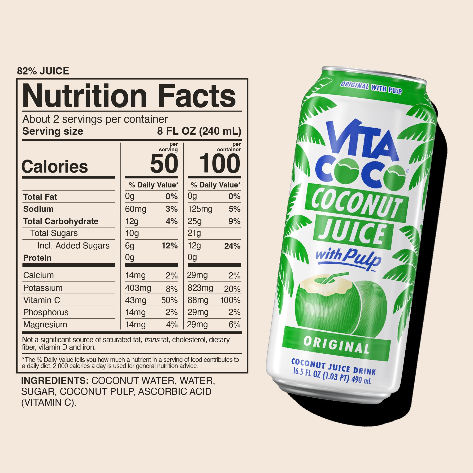 Vita Coco Coconut Juice Original with Pulp bottle closeup highlighting coconut flavor.