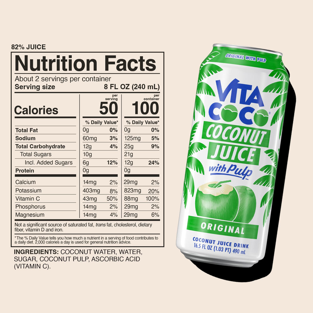 Vita Coco Coconut Juice Original with Pulp bottle closeup highlighting coconut flavor.