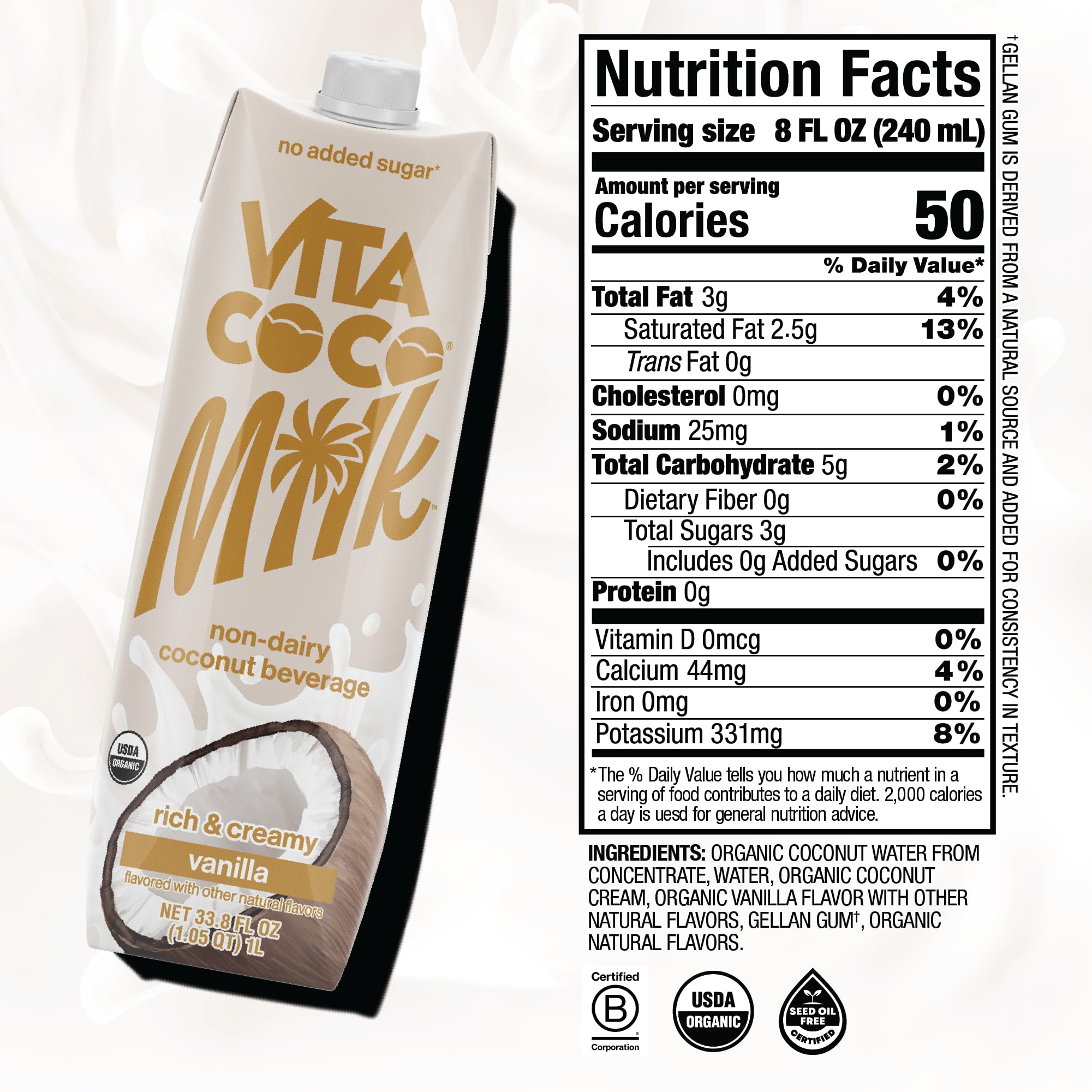 Vita Coco Vanilla Coconut Milk label close-up showing organic, gluten-free appeal