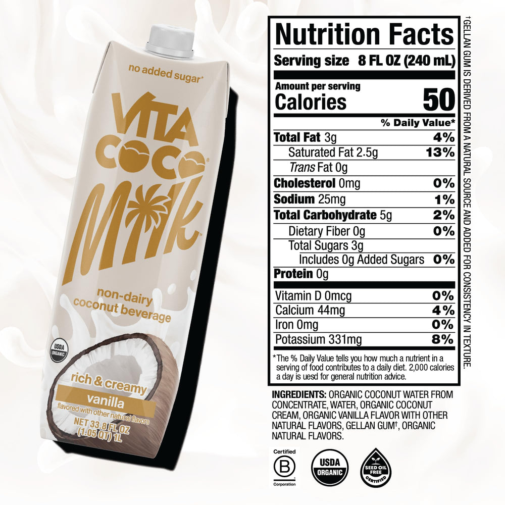 Vita Coco Vanilla Coconut Milk label close-up showing organic, gluten-free appeal