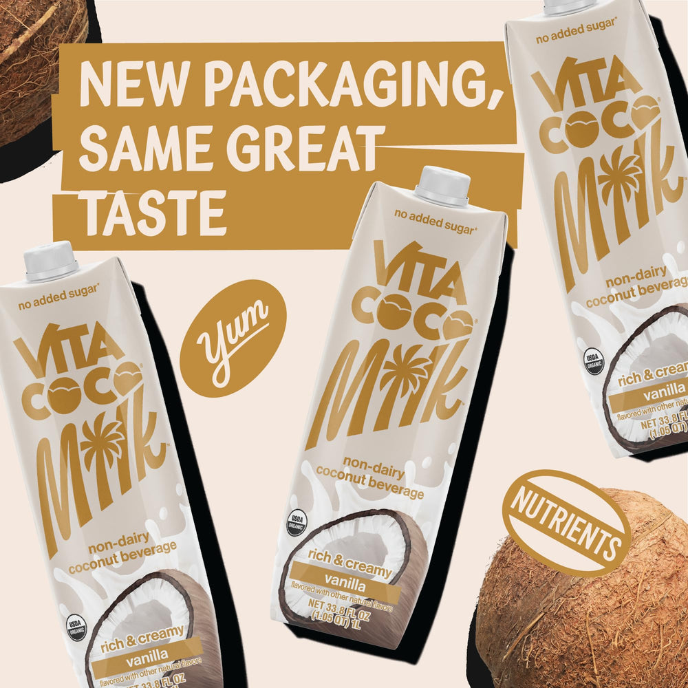 Vita Coco Vanilla Coconut Milk six-pack on pantry shelf