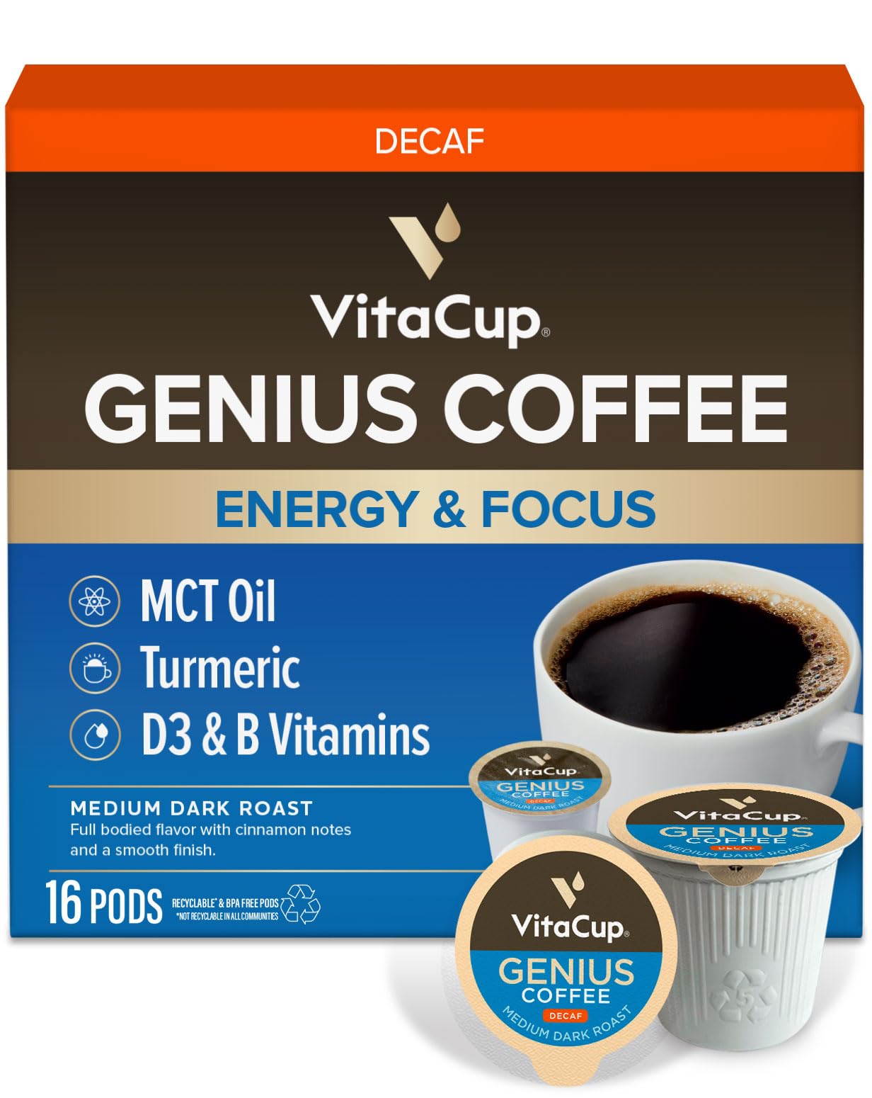 VitaCup Decaf Genius Keto coffee pods packaging shows bold branding for all-day focus.