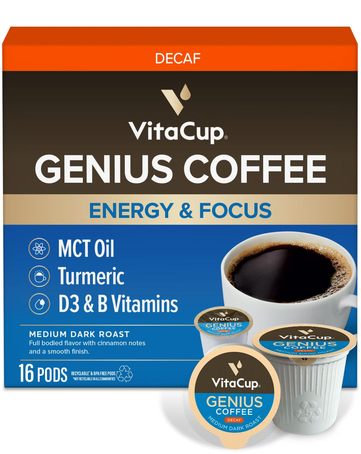 VitaCup Decaf Genius Keto coffee pods packaging shows bold branding for all-day focus.
