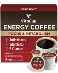 VitaCup Energy Dark Roast coffee pod—bold aroma and energy-boosting start.