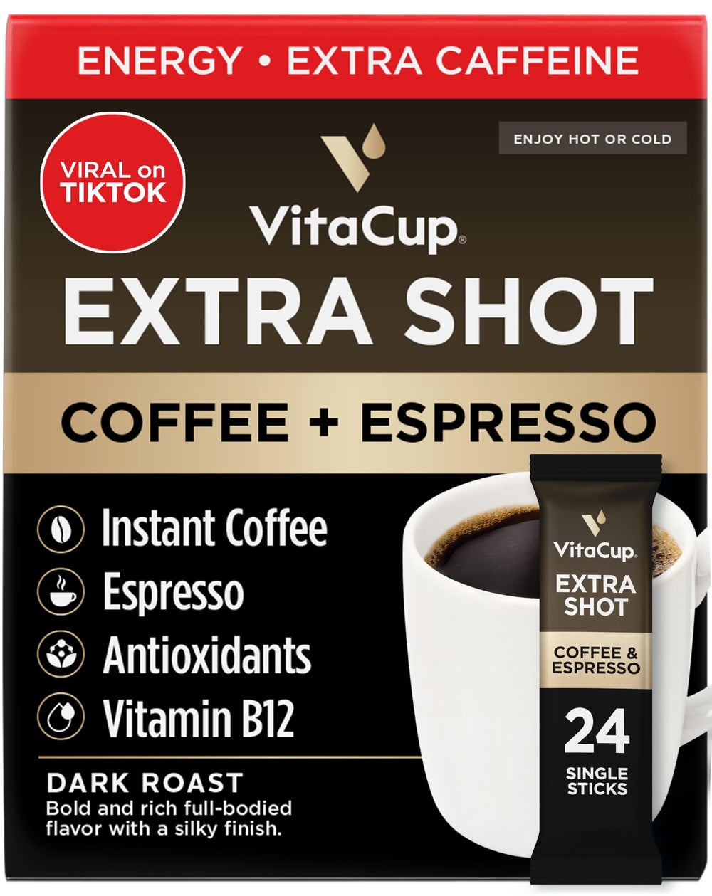 VitaCup Extra Shot coffee packet pour reveals bold espresso aroma for quick energy