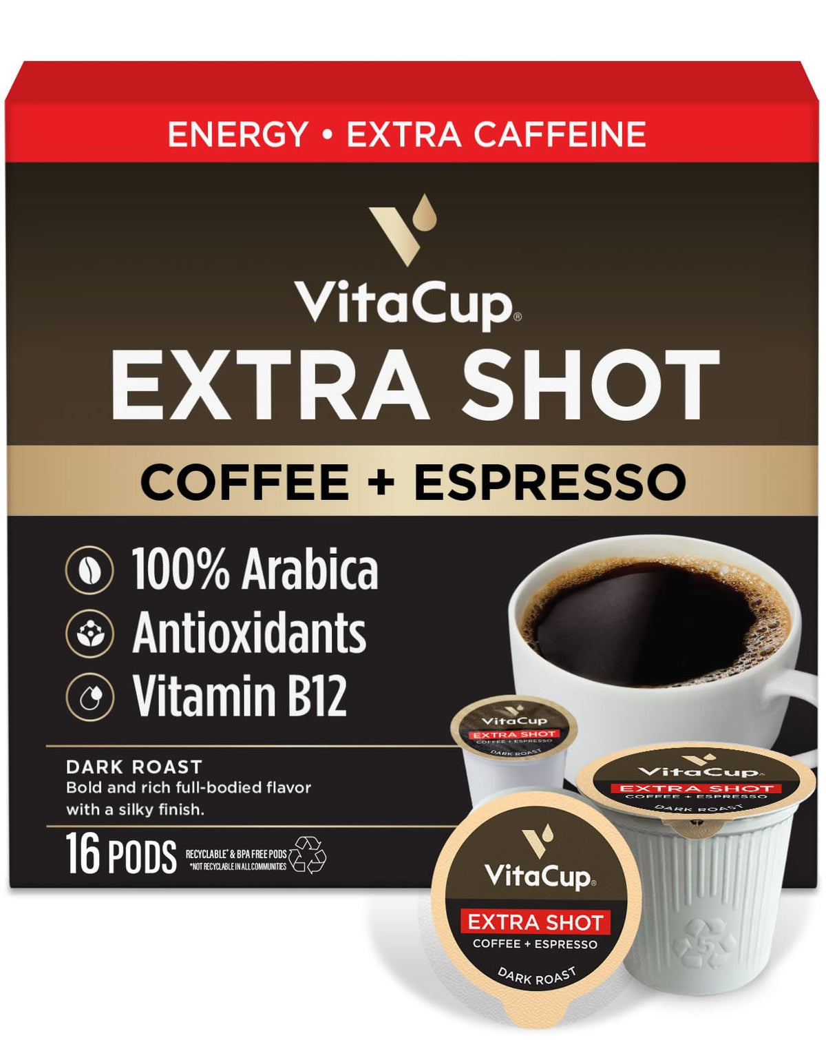 VitaCup Extra Shot Strong Coffee Pod delivering bold flavor and extra caffeine.