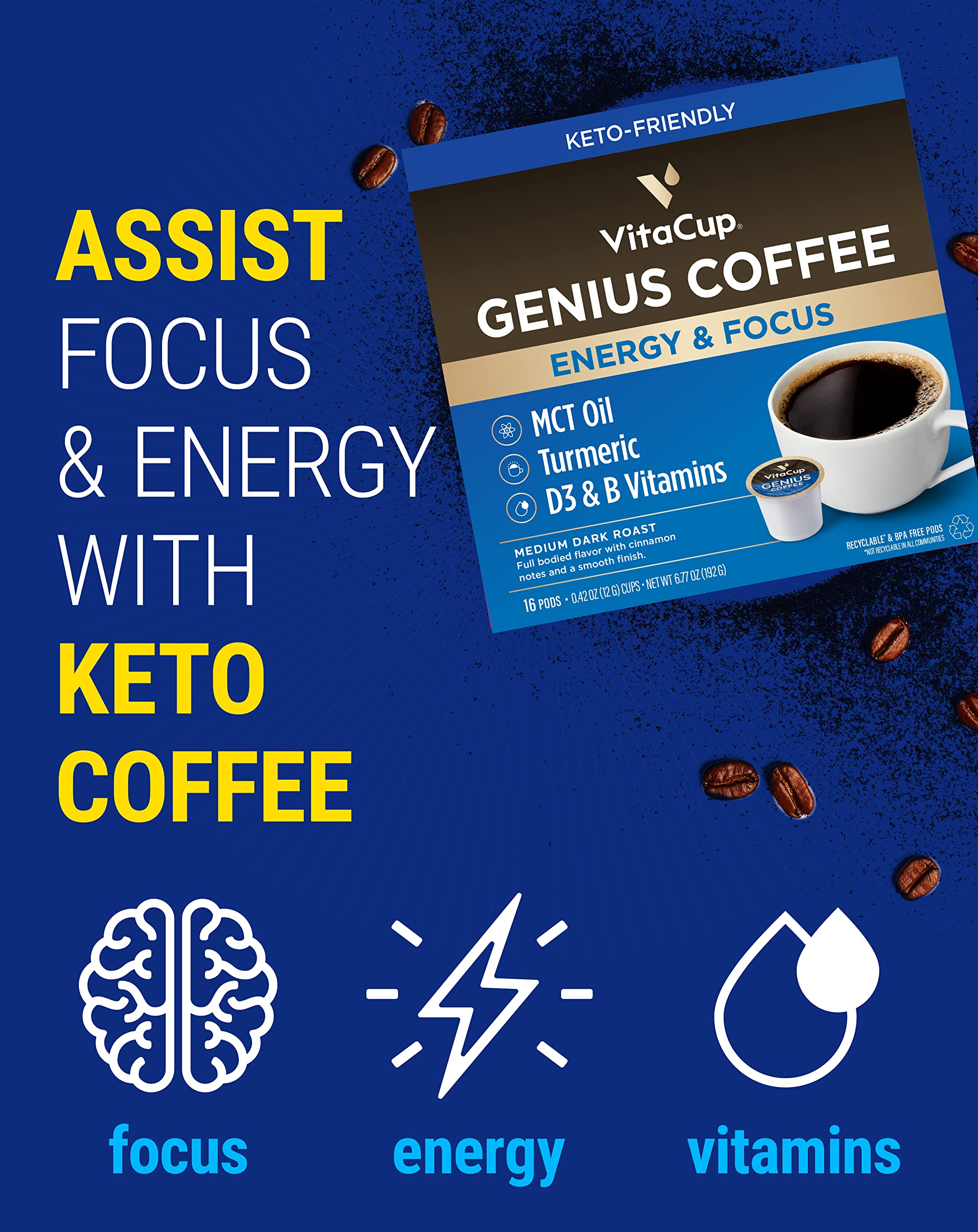 VitaCup Focus blend pod helps stay alert during tasks.