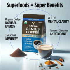 VitaCup Genius coffee with MCT oil swirl for quick energy.