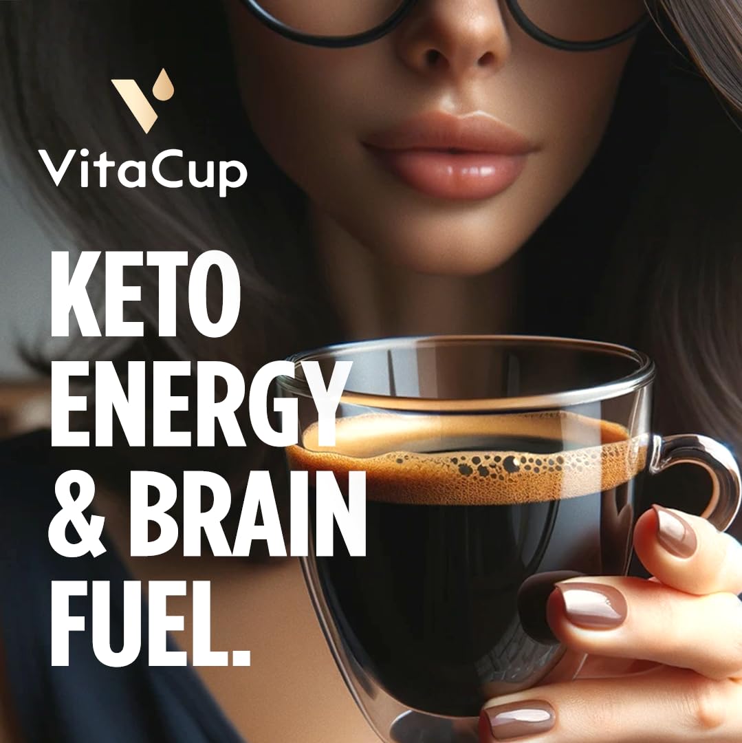 Close-up of VitaCup Genius Ground Coffee with MCT oil suggesting sustained energy and focus.