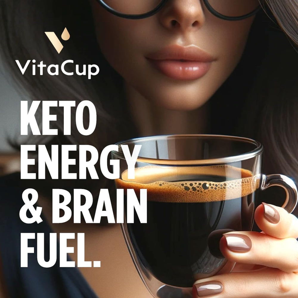 Close-up of VitaCup Genius Ground Coffee with MCT oil suggesting sustained energy and focus.