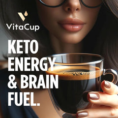 Close-up of VitaCup Genius Ground Coffee with MCT oil suggesting sustained energy and focus.