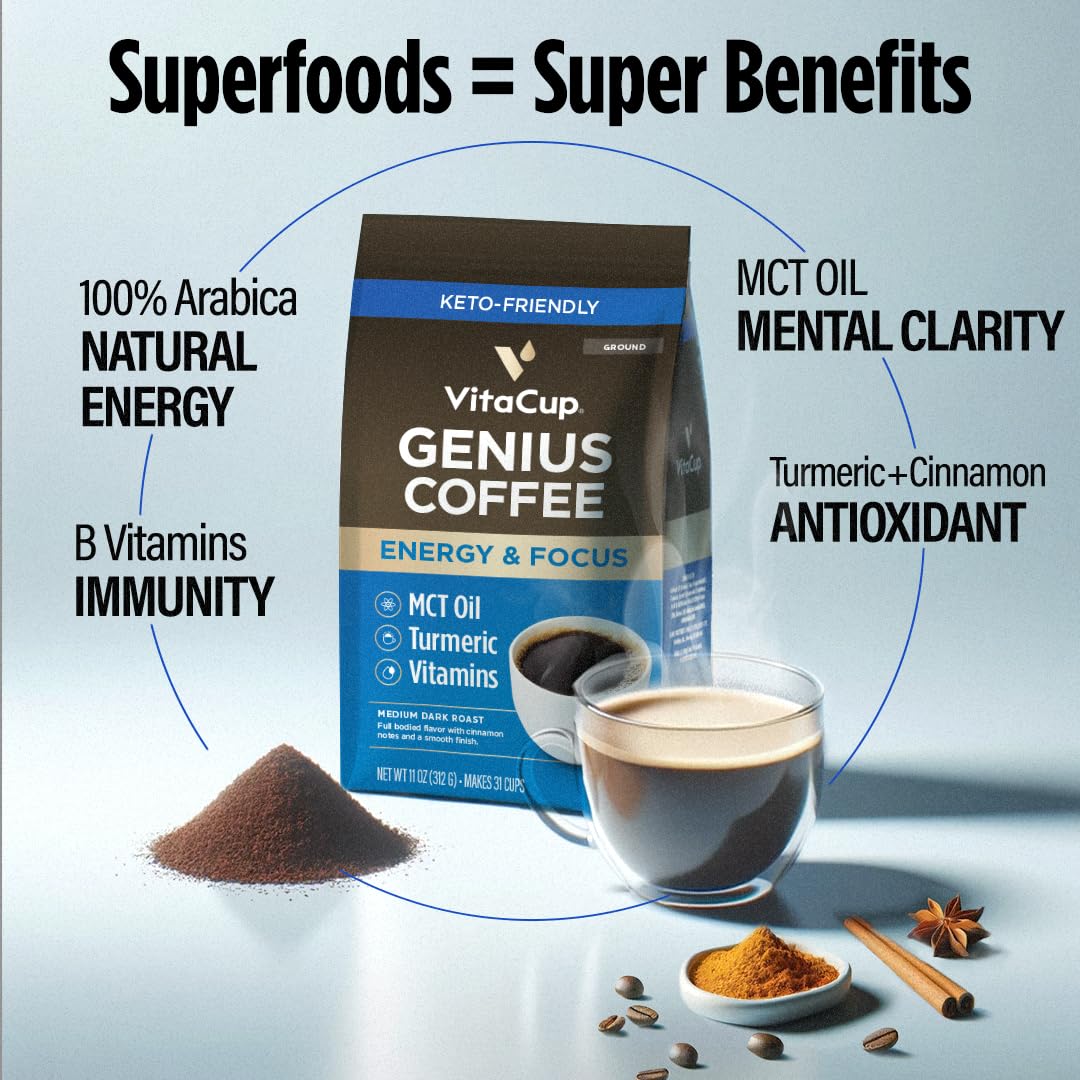 VitaCup Genius Ground Coffee being poured into a mug for a rich morning ritual.