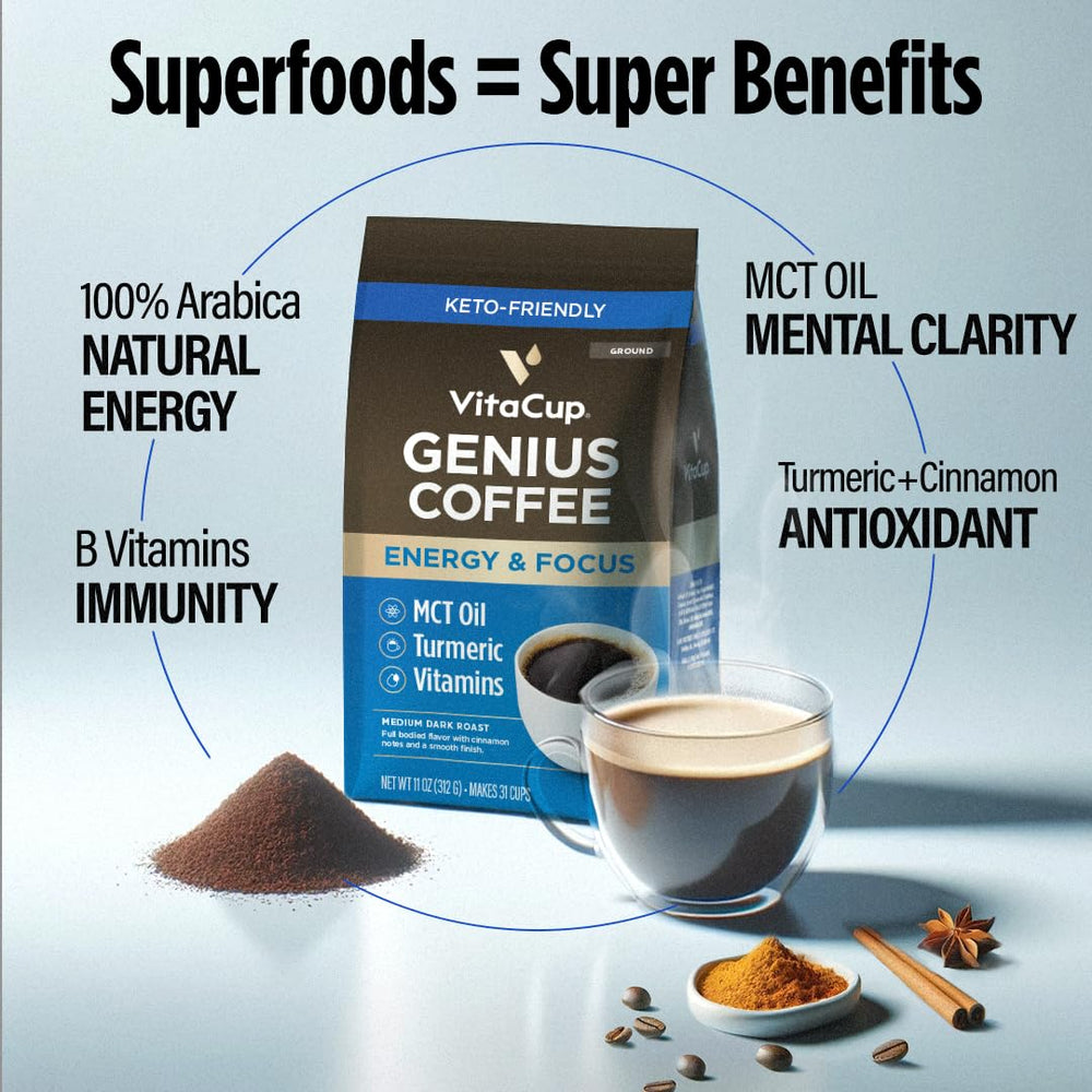 VitaCup Genius Ground Coffee being poured into a mug for a rich morning ritual.