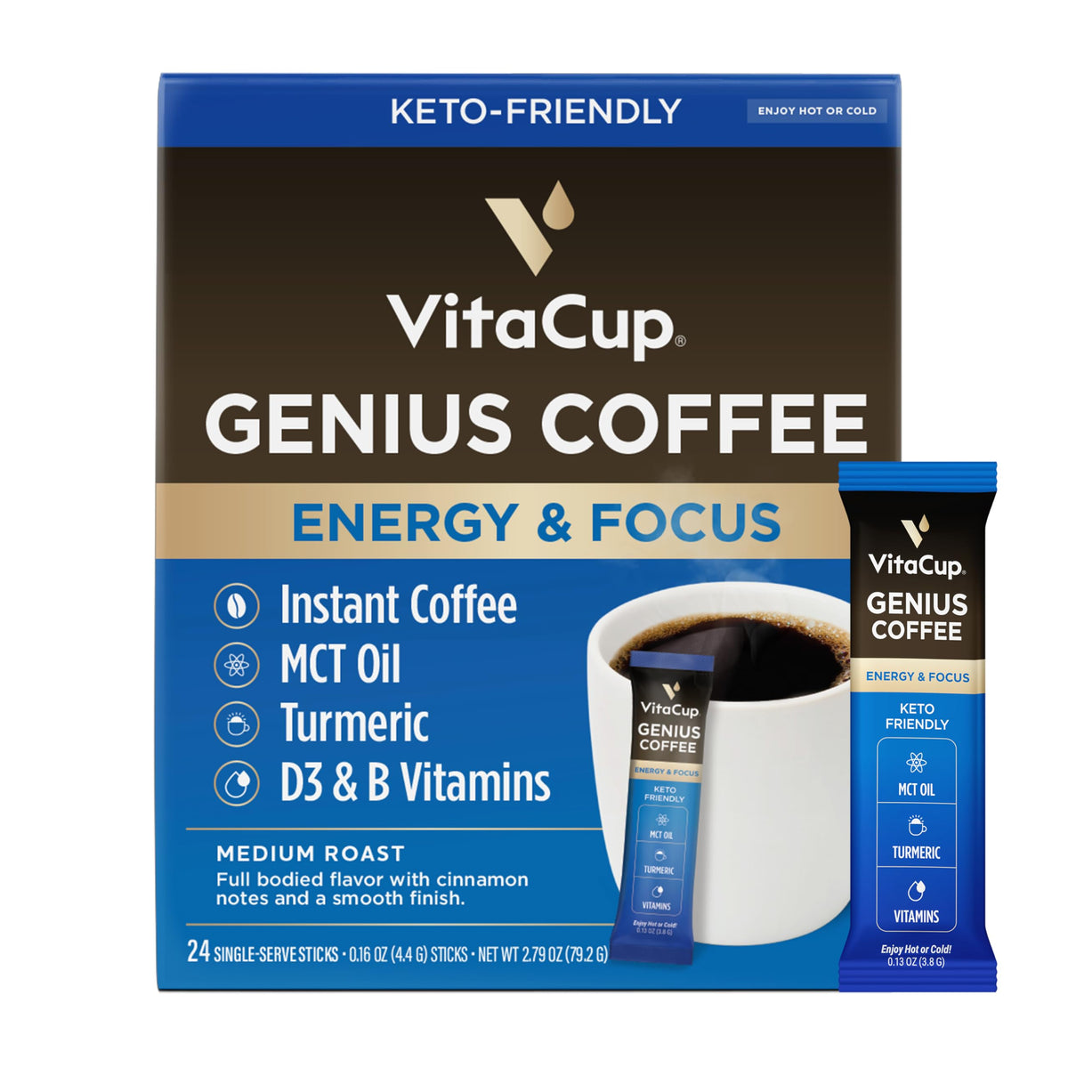 Packaging of VitaCup Genius Instant Coffee Packets shows keto-friendly convenience.