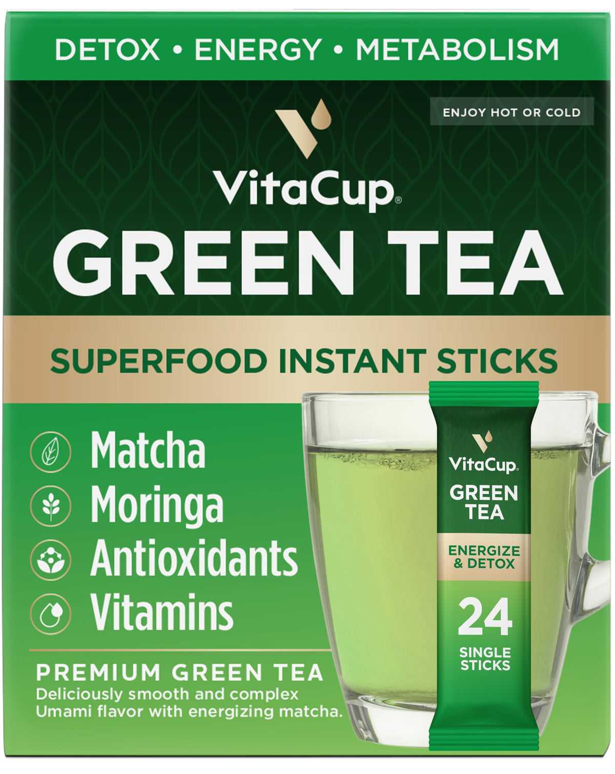 Vitacup Green Tea Instant Packets for on-the-go energy and detox support.