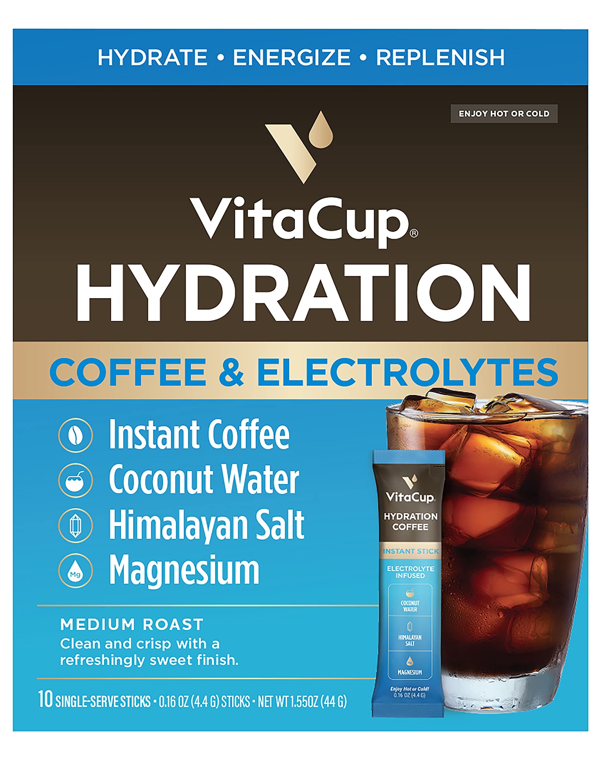 VitaCup hydration coffee packets in a stand, highlighting electrolyte blend for daily hydration.