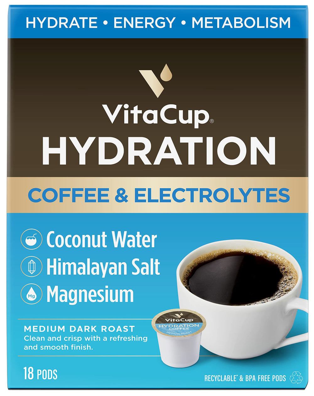 VitaCup hydration coffee pod in a mug, a smooth medium roast for a refreshing morning.