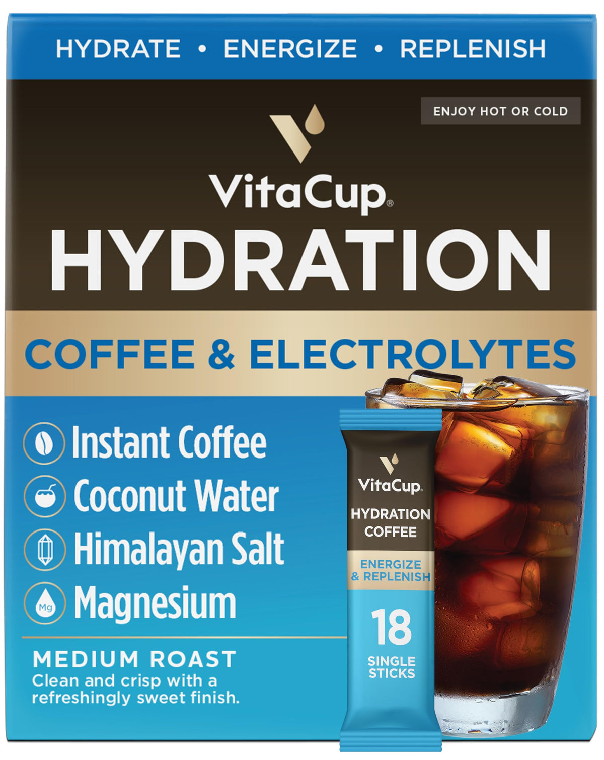 VitaCup hydration coffee stick in compact pack for on-the-go hydration.