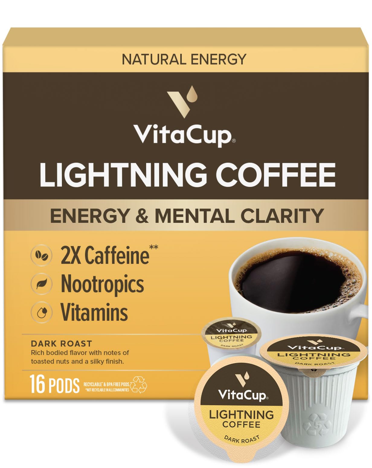 VitaCup Lightning Coffee Pods packaging with bold branding for quick focus.