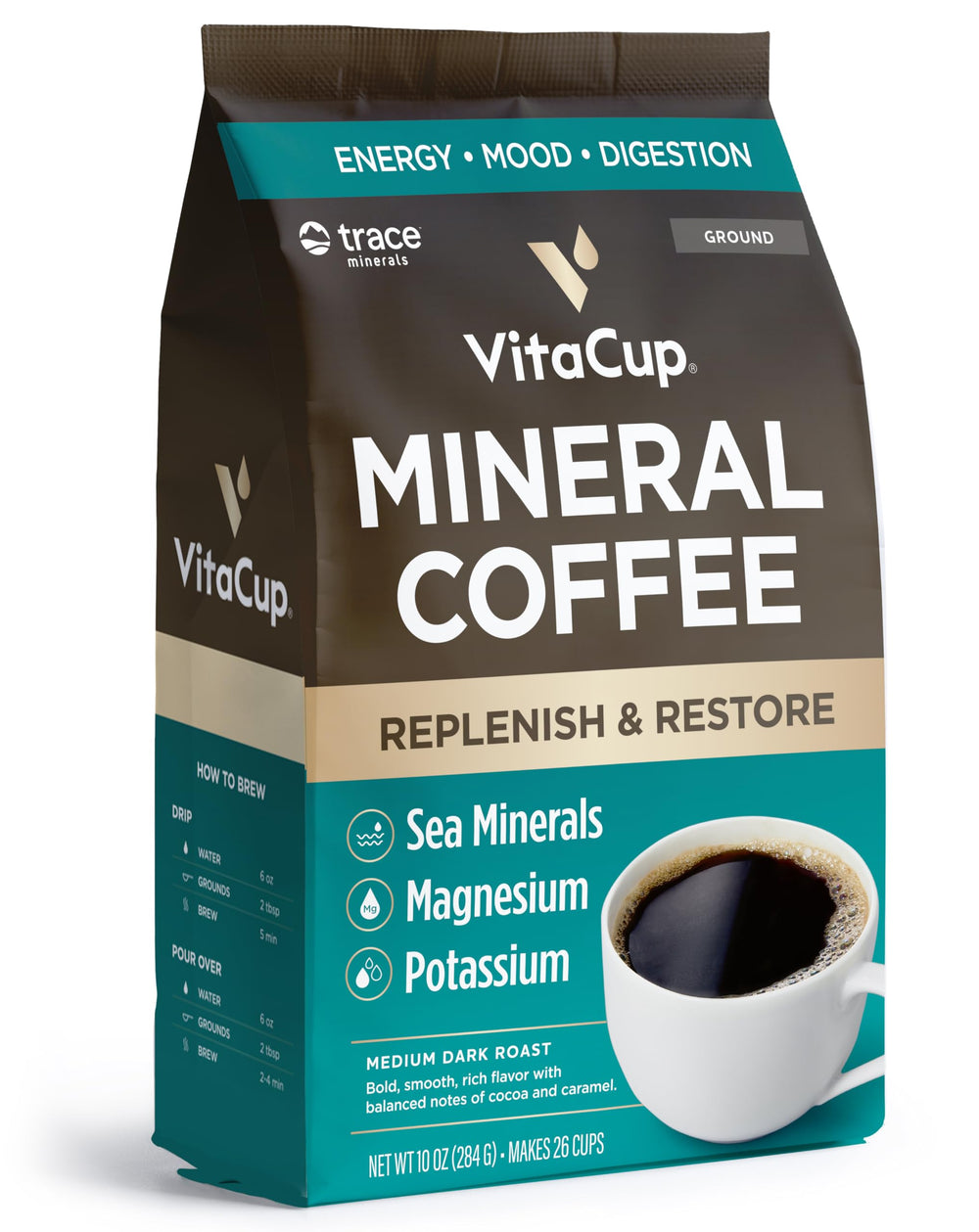 VitaCup Mineral Coffee pour showing trace minerals for a clean energy boost.