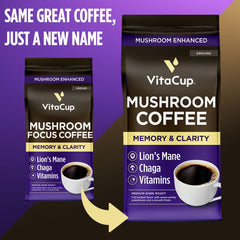 VitaCup Mushroom Coffee Grounds bag close-up showing premium Arabica roast