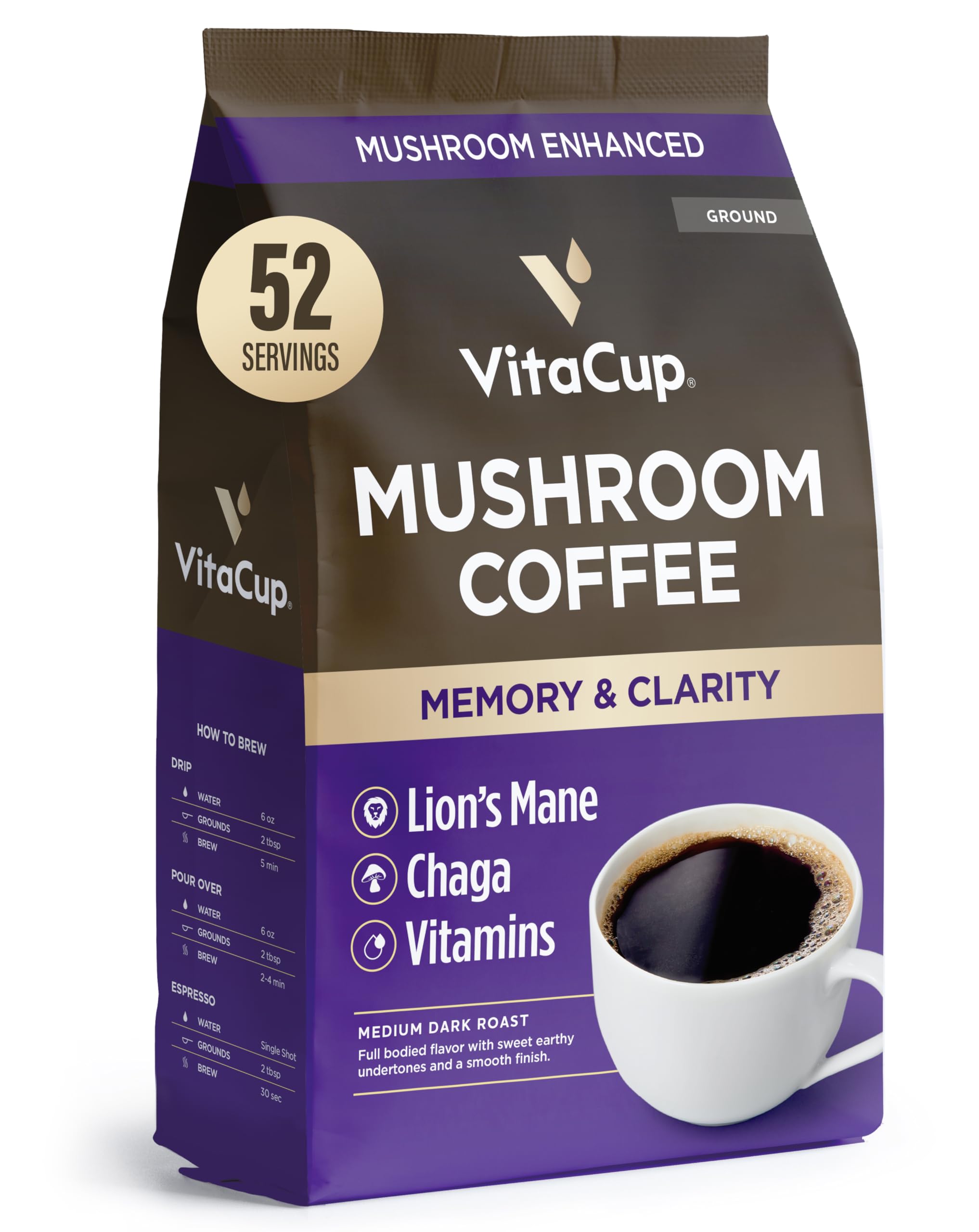 VitaCup Mushroom Coffee Grounds bag shows premium blend for a smooth morning.
