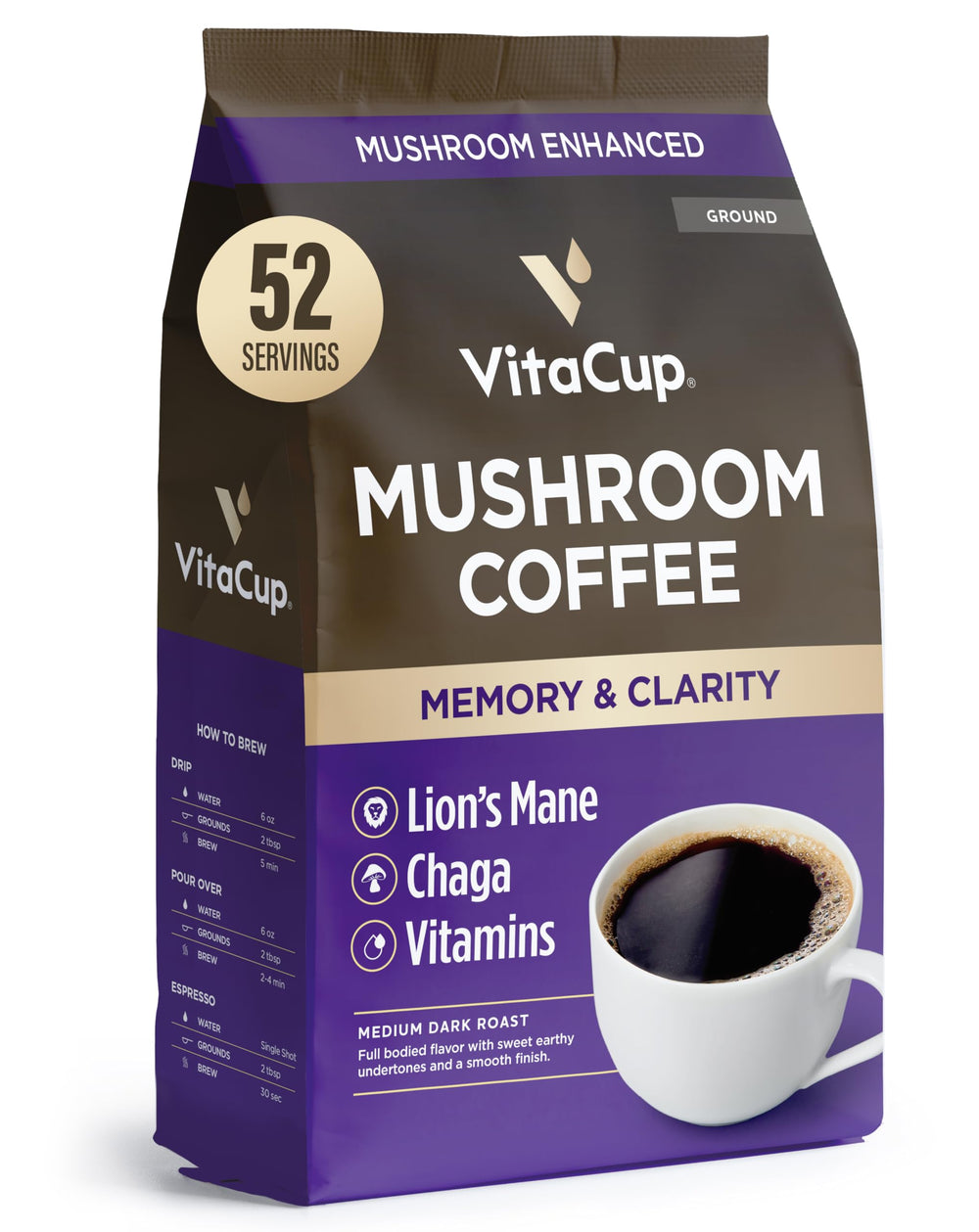 VitaCup Mushroom Coffee Grounds bag shows premium blend for a smooth morning.