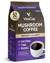 VitaCup Mushroom Coffee Grounds bag shows premium blend for a smooth morning.