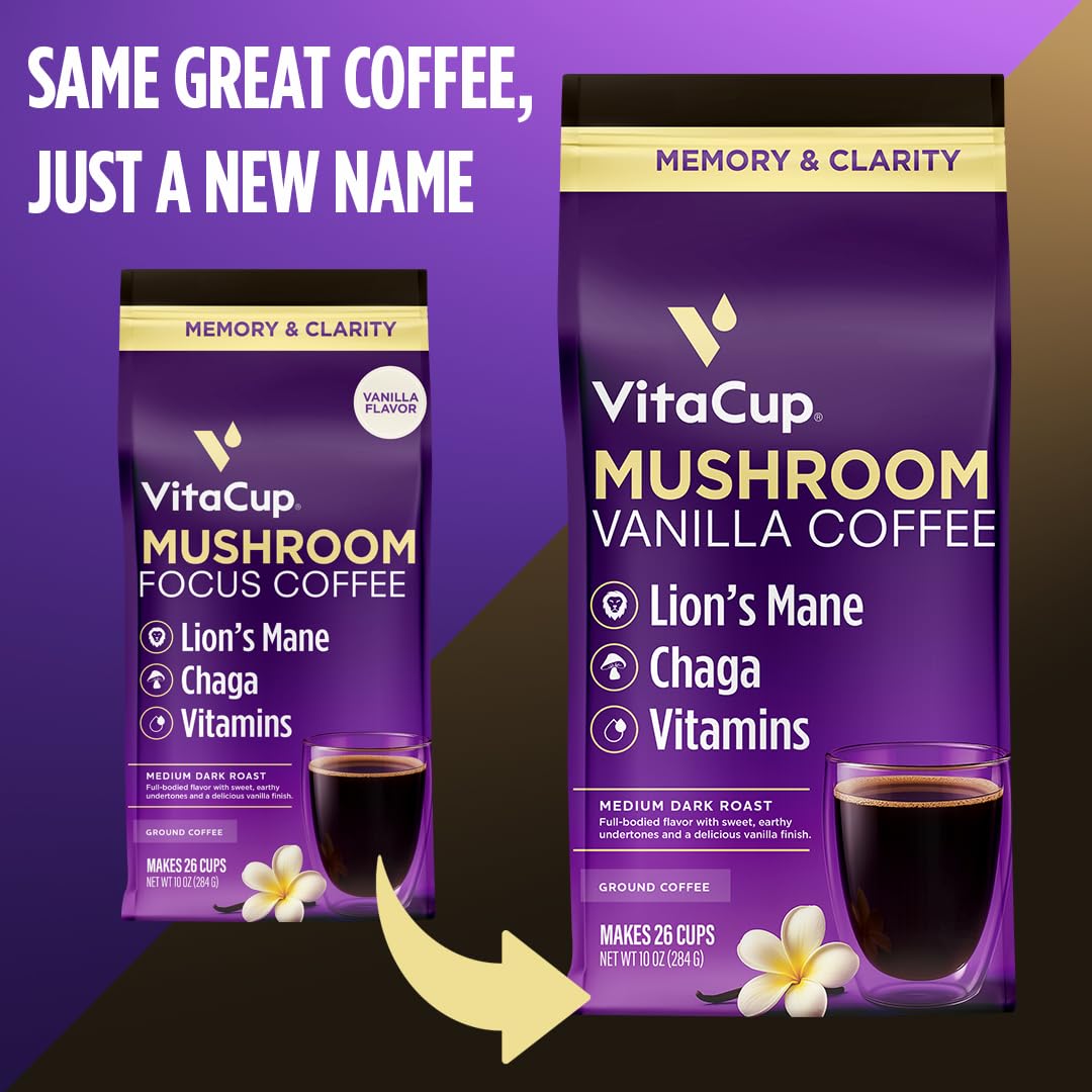 VitaCup Mushroom Coffee Grounds with Chaga for antioxidants and wellness.