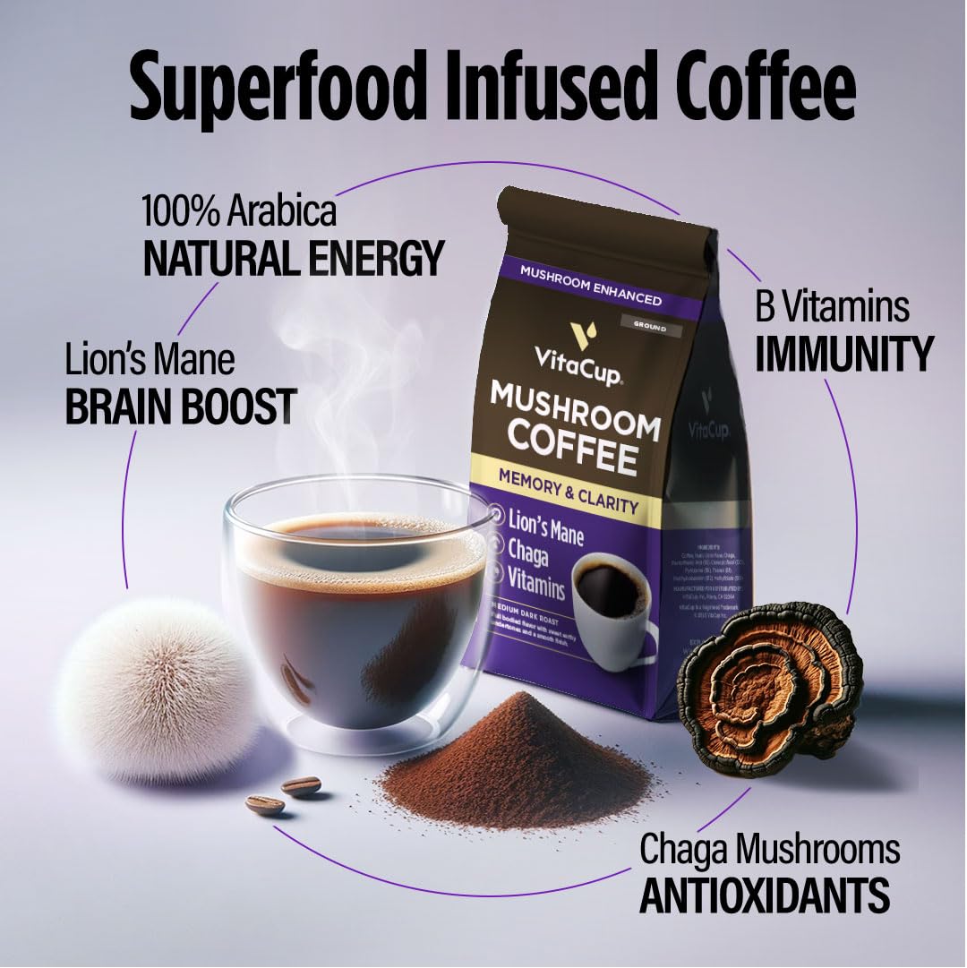 VitaCup Mushroom Coffee Grounds cup steaming with inviting aroma