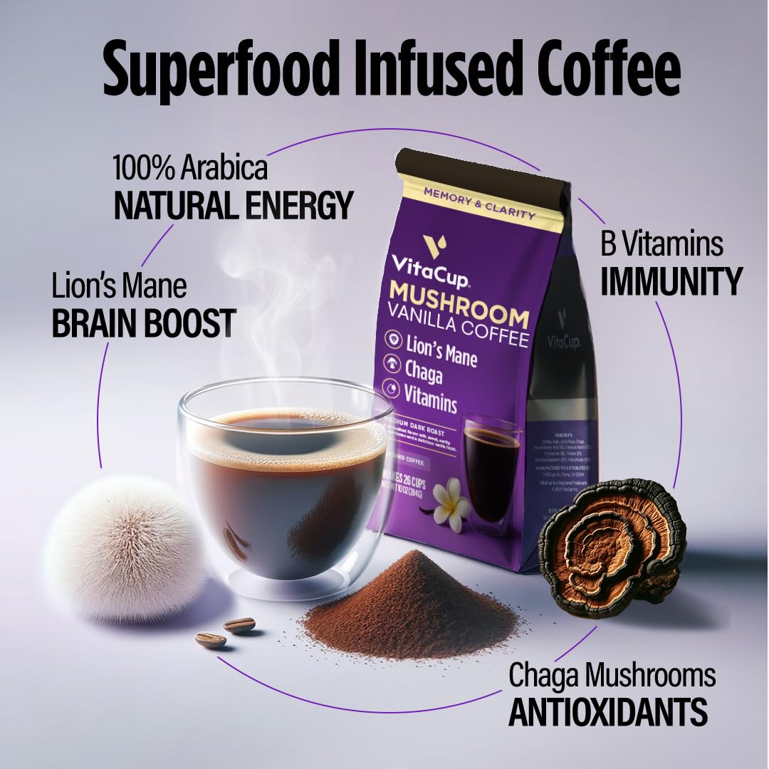 VitaCup Medium-Dark Roast Mushroom Coffee Grounds.
