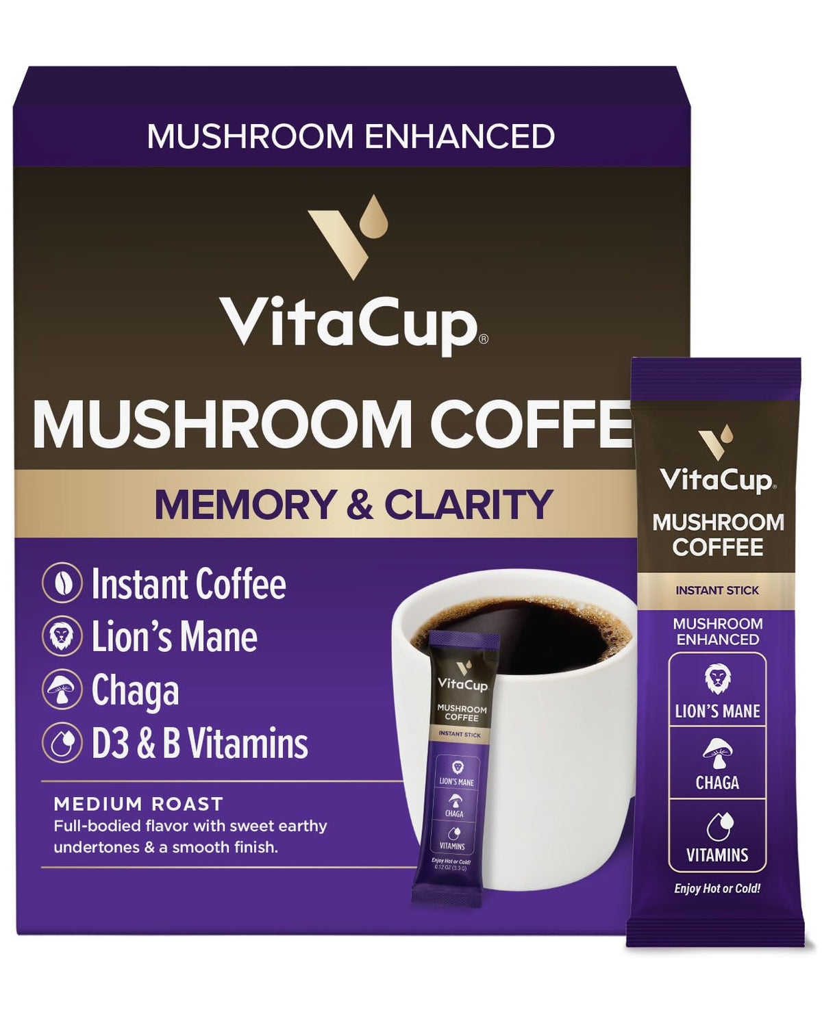 VitaCup Mushroom Coffee Instant Stick promoting memory and clarity for focused mornings.