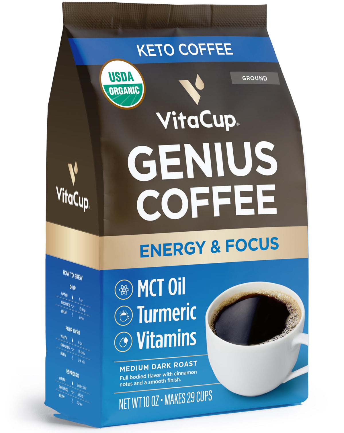 VitaCup Organic Genius Ground coffee bag offers bold aroma for energized mornings.