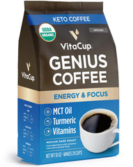 VitaCup Organic Genius Ground coffee bag offers bold aroma for energized mornings.