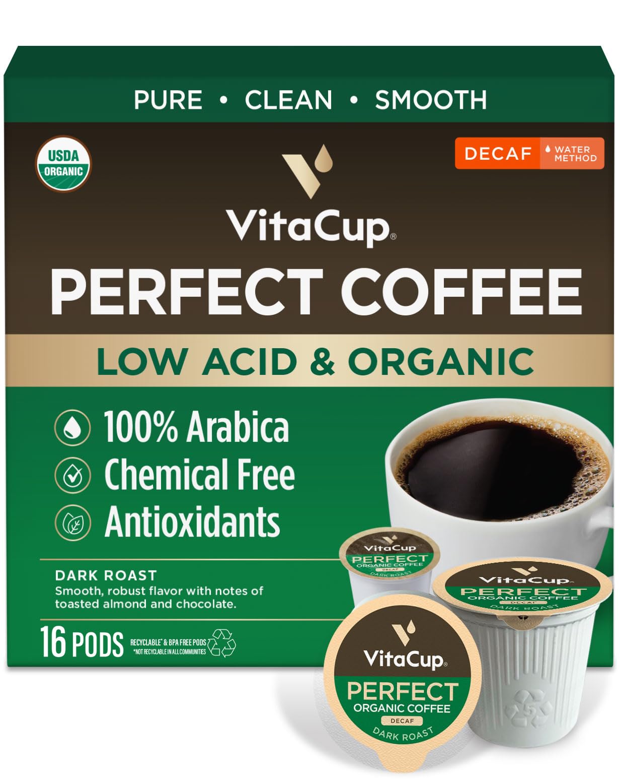 VitaCup Organic Perfect Dark Roast Decaf pod for a smooth, low-acid cup.