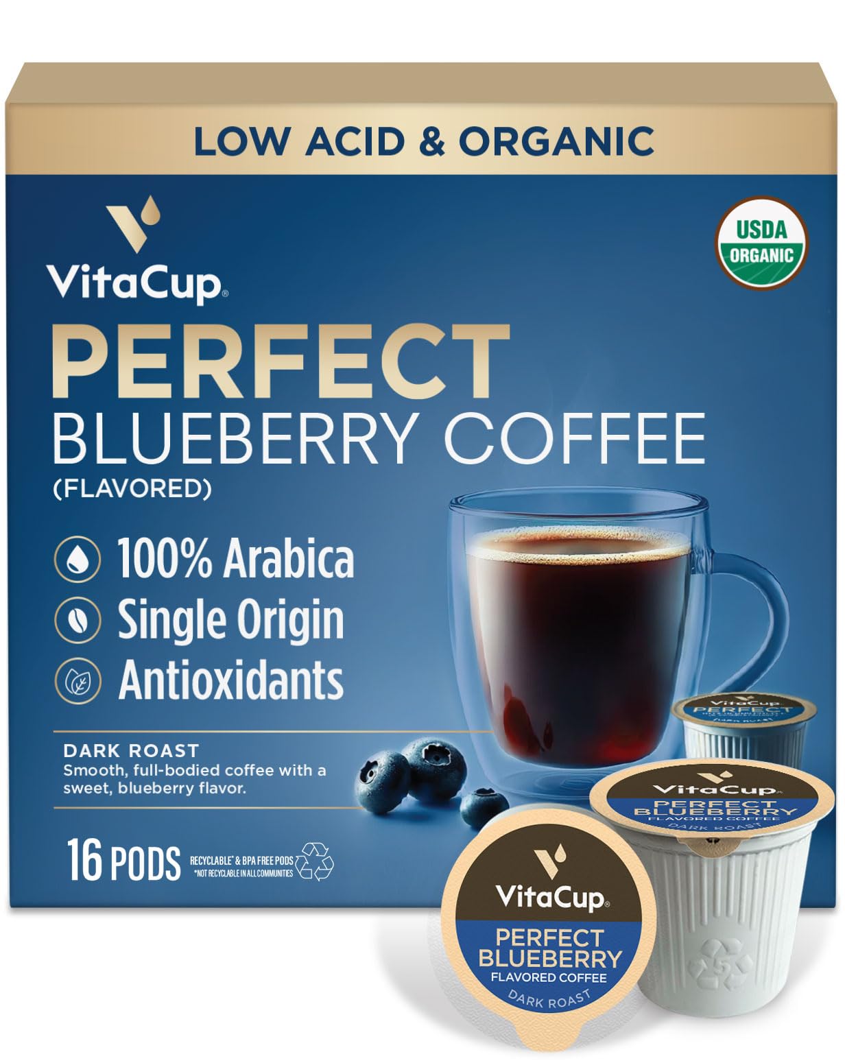 VitaCup Perfect Blueberry pods pack shot showing organic, fair trade credentials and flavor potential