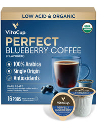 VitaCup Perfect Blueberry pods pack shot showing organic, fair trade credentials and flavor potential
