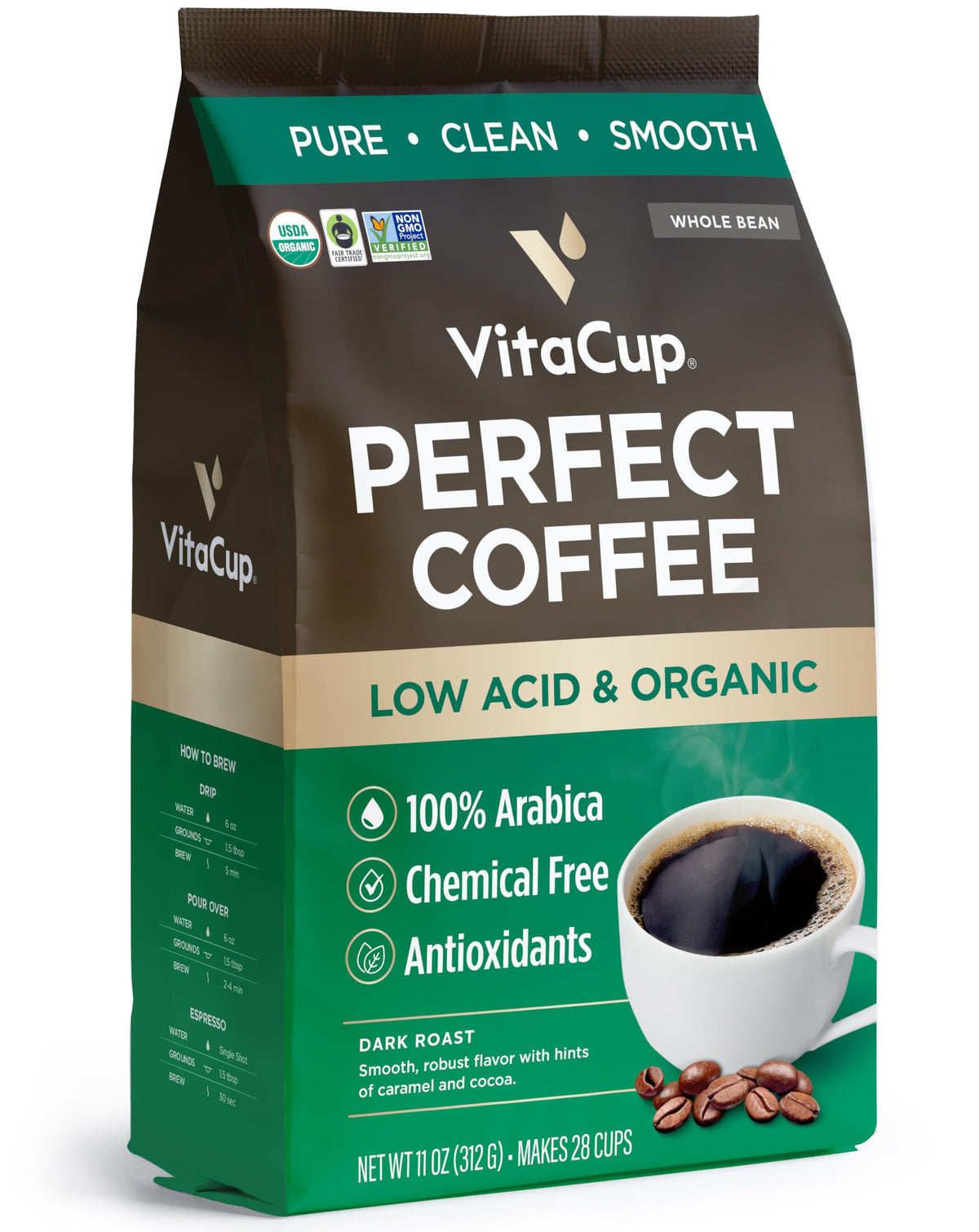 VitaCup Perfect Low Acid Coffee bag highlighting organic, fair trade freshness for a clean cup.
