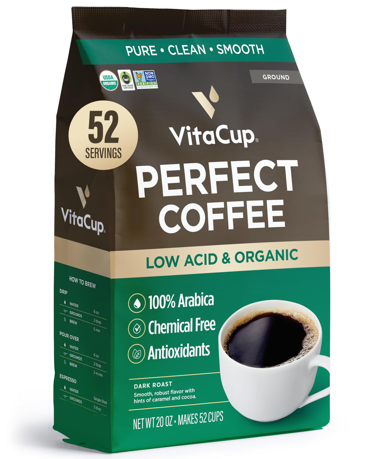 VitaCup Perfect Low Acid Ground Coffee bag highlighting organic and fair trade beans for clean brew